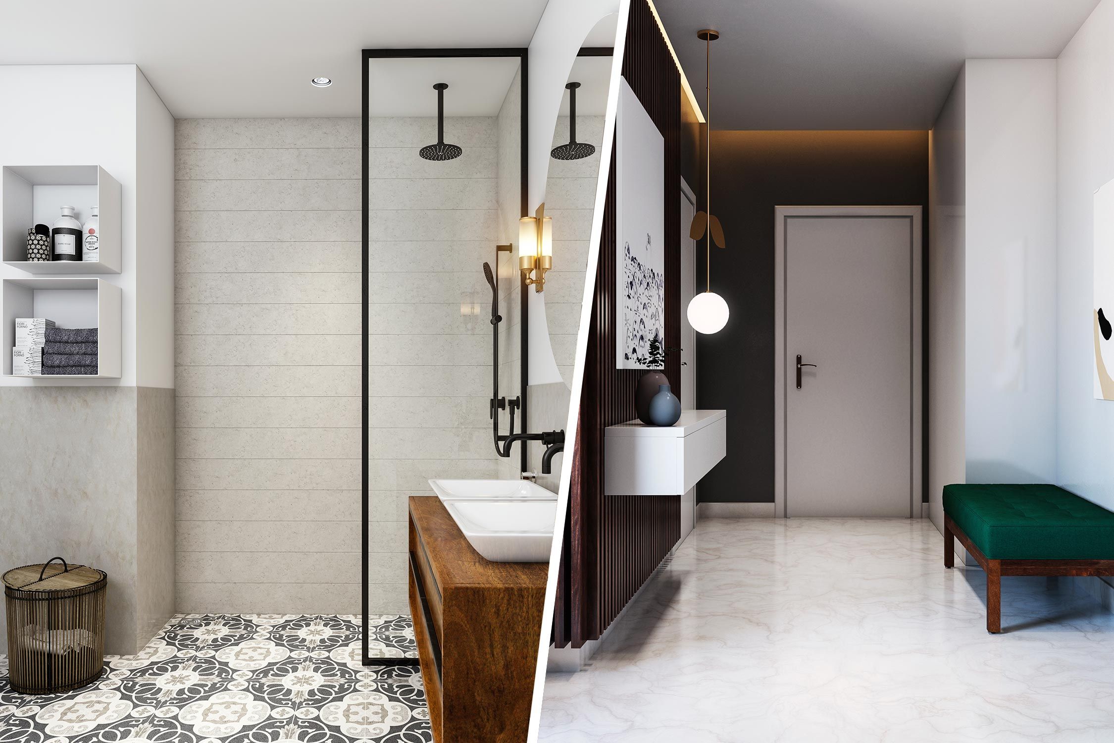 best-flooring-for-house-in-india-pattern-tiles-white-bathroom-green-bench-white-granite-floor