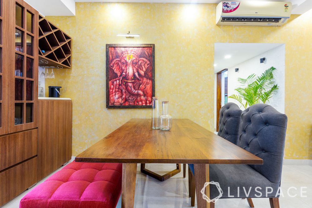 home-decor-hacks-pink-bench-grey-chairs-dining-table-set-yello-wallpaper-bar-unit