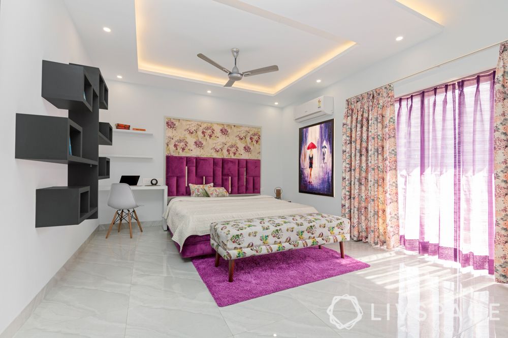 home decor hacks-purple headboard-floral wallpaper-floral curtains-floating shelves