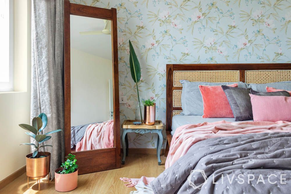 small-bedroom-ideas-mirrors-floral-wallpaper