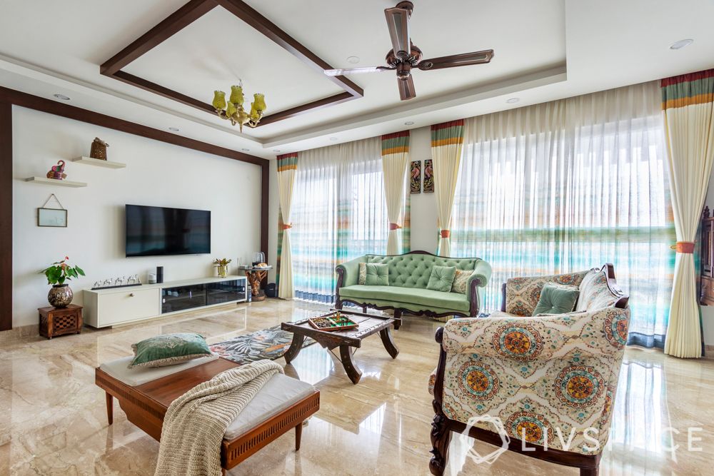 vintage-interior-design-living-room-sofas-wooden-rafters-TV-unit