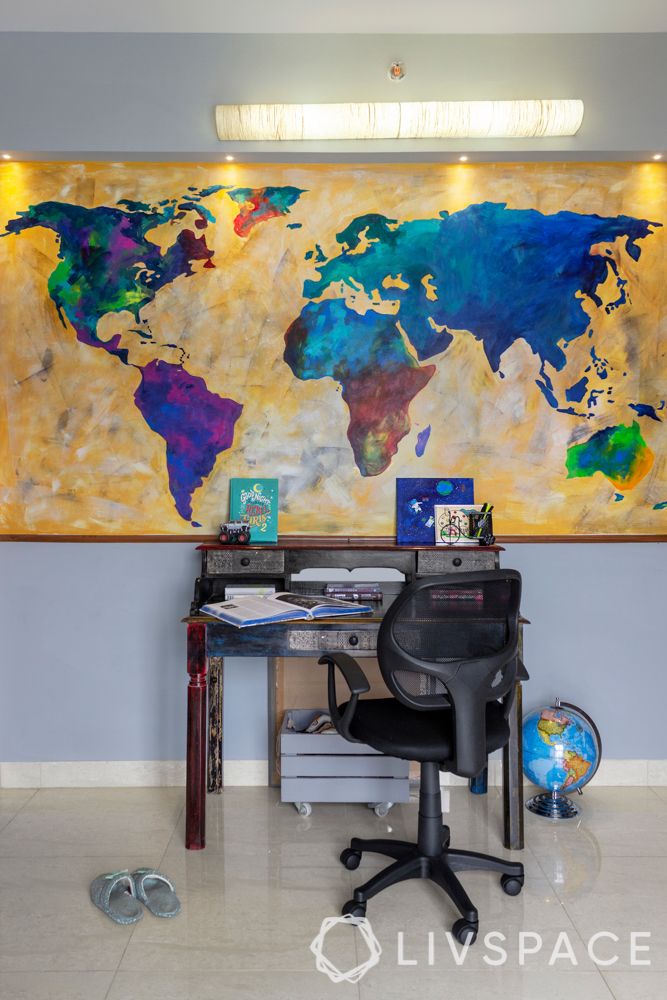 world-map-hand-painted-study-table-spotights-grey-walls