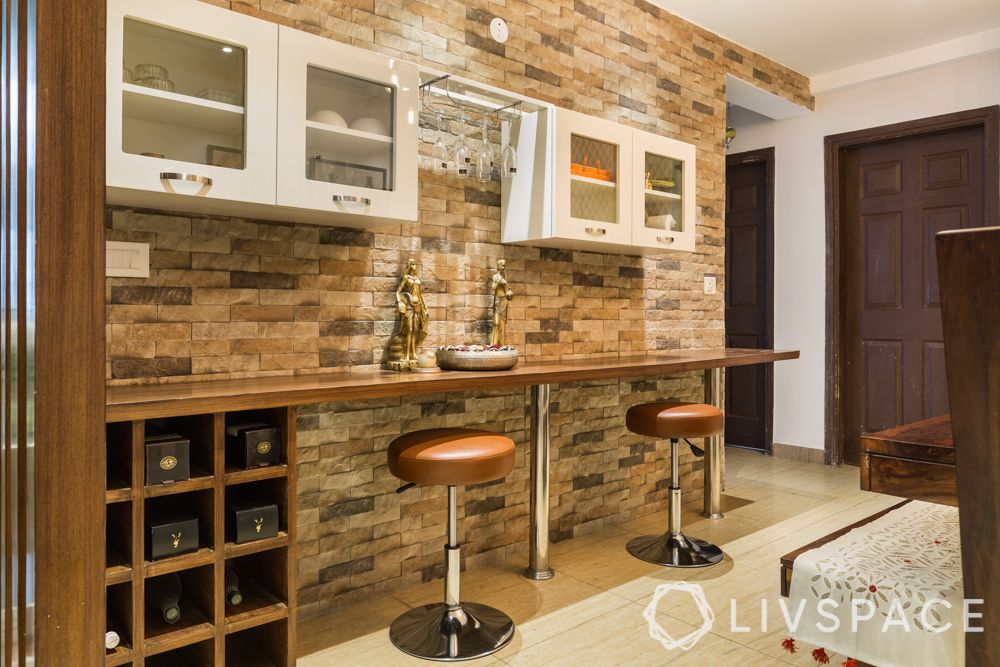 3bhk-flat-design-bar unit-wooden ledge-bar stools-wine cellar