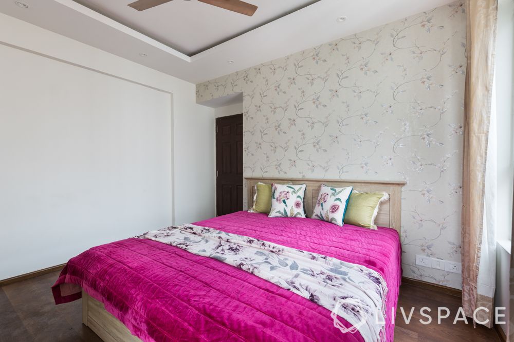 3bhk-flat-design-guest bedroom-floral wallpaper