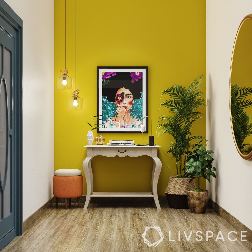 yellow wall paint-frida kahlo painting-white console