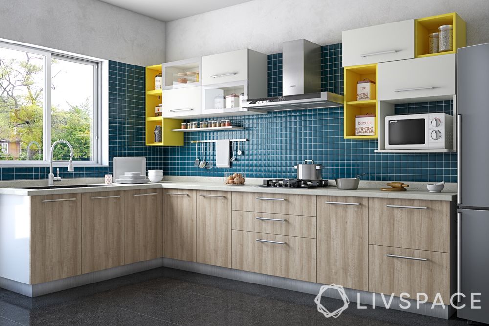 small indian kitchen design in l shape-wooden laminate-white and yellow wall cabinets