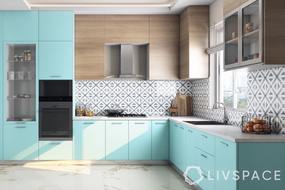 small indian kitchen design in l shape-pastel hues-patterned backsplash