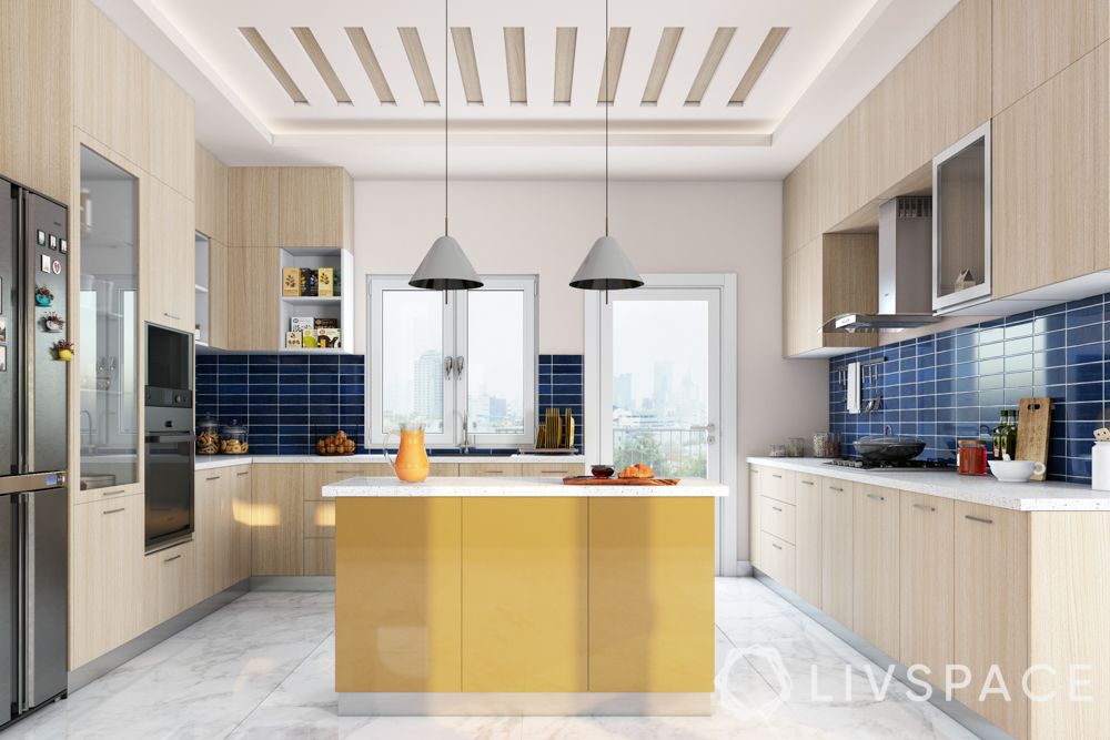 semi open kitchen-yellow island-laminate cabinets