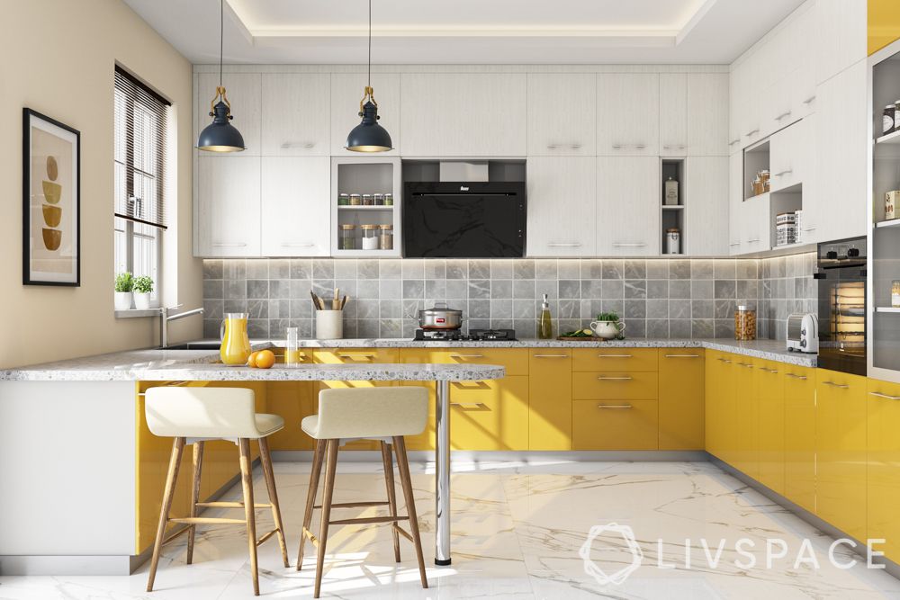 semi open kitchen-pros-yellow kitchen-breakfast counter