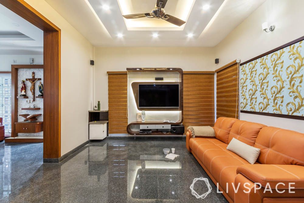 villa design-living room-backlighting tv unit-orange sofa-wallpaper-french windows