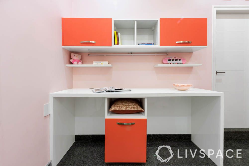 villa design-kids bedroom-plywood laminate unit-coral pink and white study