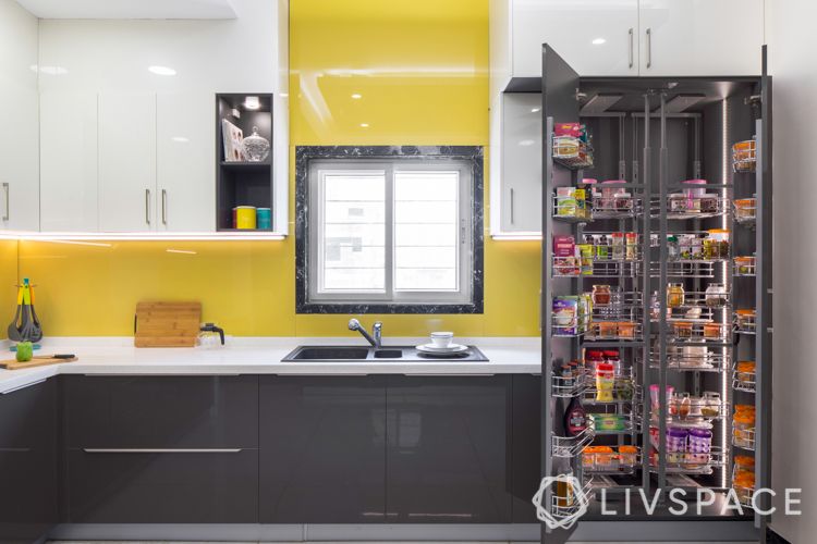 kitchen racks and storage-yellow backsplash-tall unit-white cabinets
