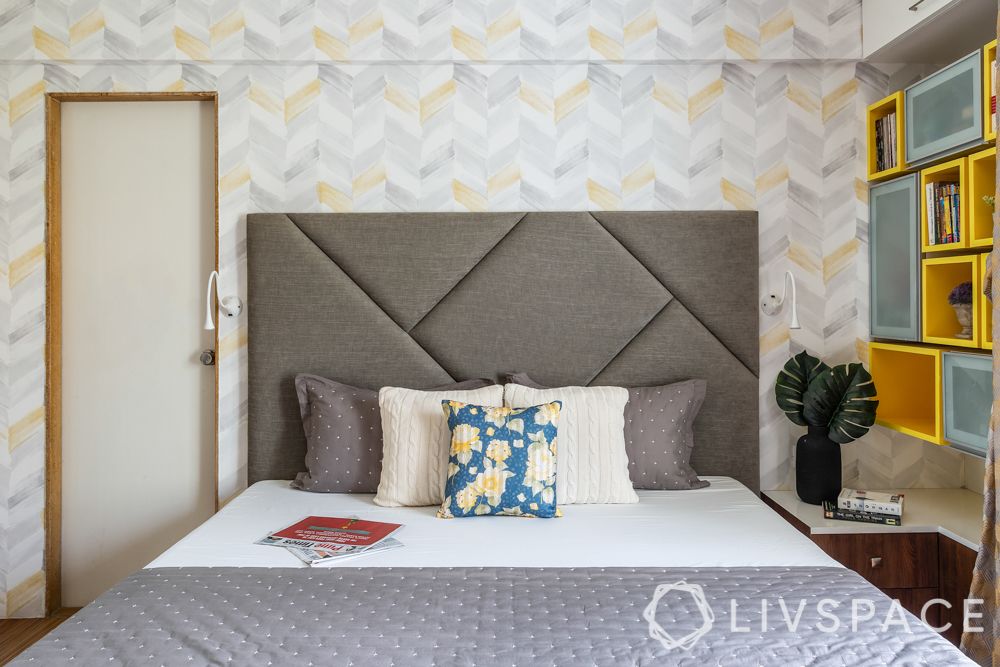 interior designers in pune-wallpaper patterns-grey headboard