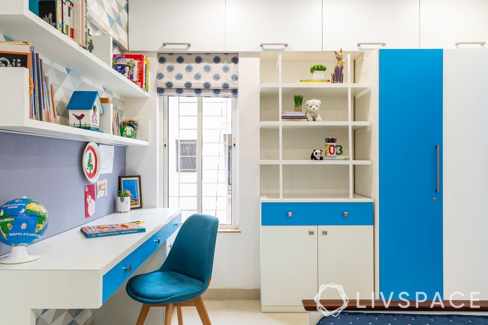 blue kids room-l shaped wardrobe-floating study unit