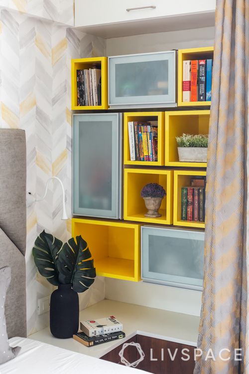 yellow cool wall shelves ideas