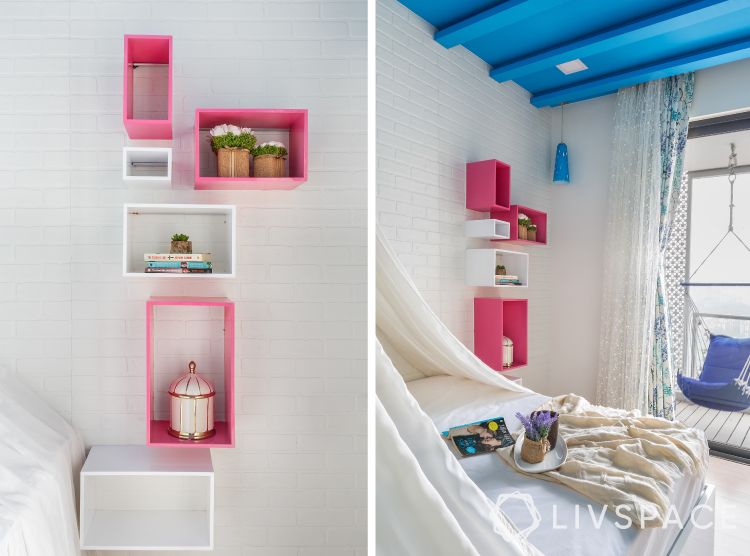 vertical shelf arrangement-pink shelves