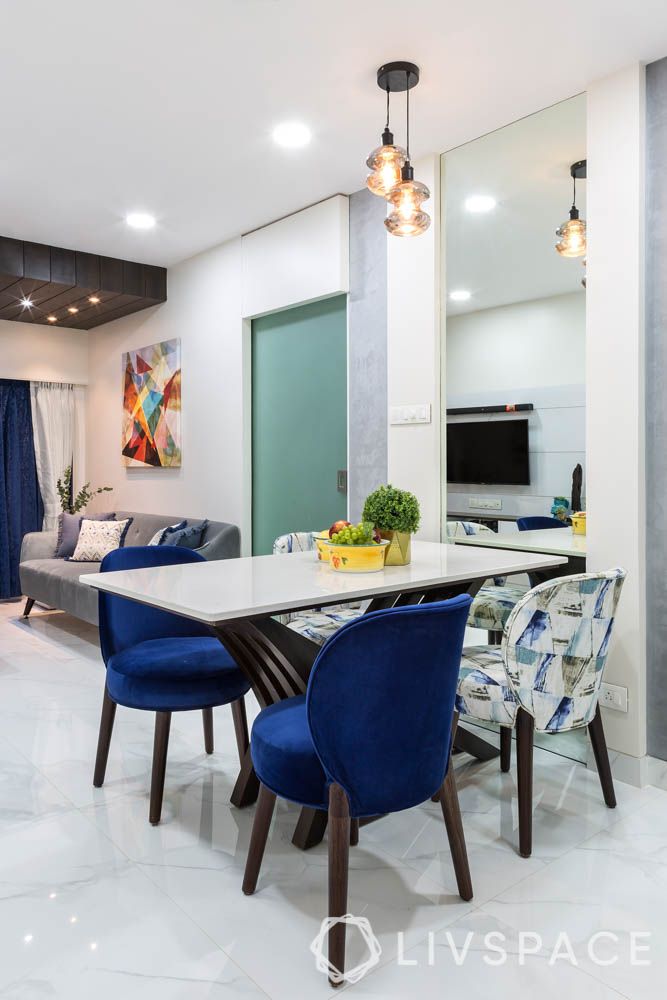 Dining Table Top-quartz-pendant lights-blue and white chairs