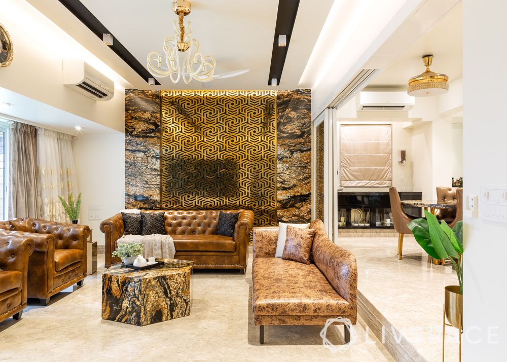 modern villa design-living room-brown leather sofa-black tv unit-stainless steel wall-gold wall-marble wall