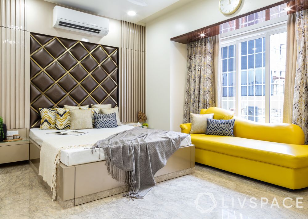 modern villa design-master bedroom-yellow sofa-upholstered headboard-pu wardrobes-mirror design
