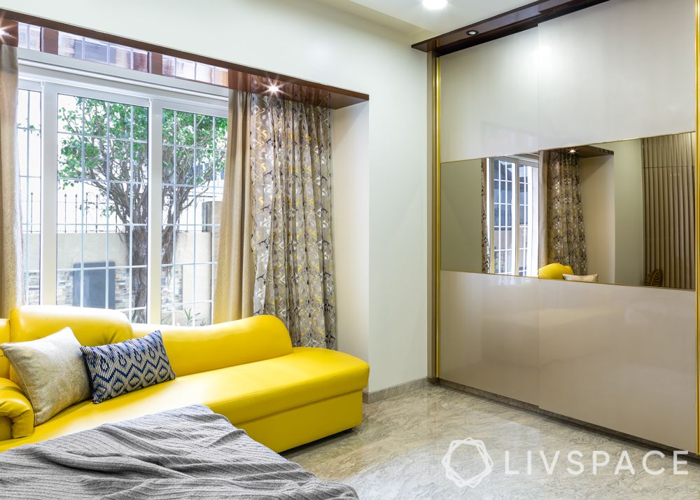 modern villa design-master bedroom-yellow sofa-upholstered headboard-pu wardrobes-mirror design