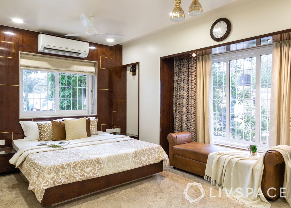 modern villa design-guest bedroom-brown sofa design-white PU finish wardrobes