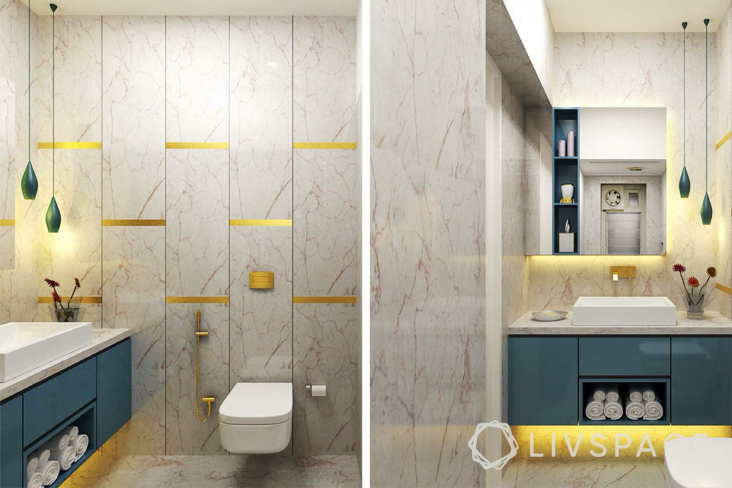 modern villa design-bathroom design-green and pink marble designs-wall sconces
