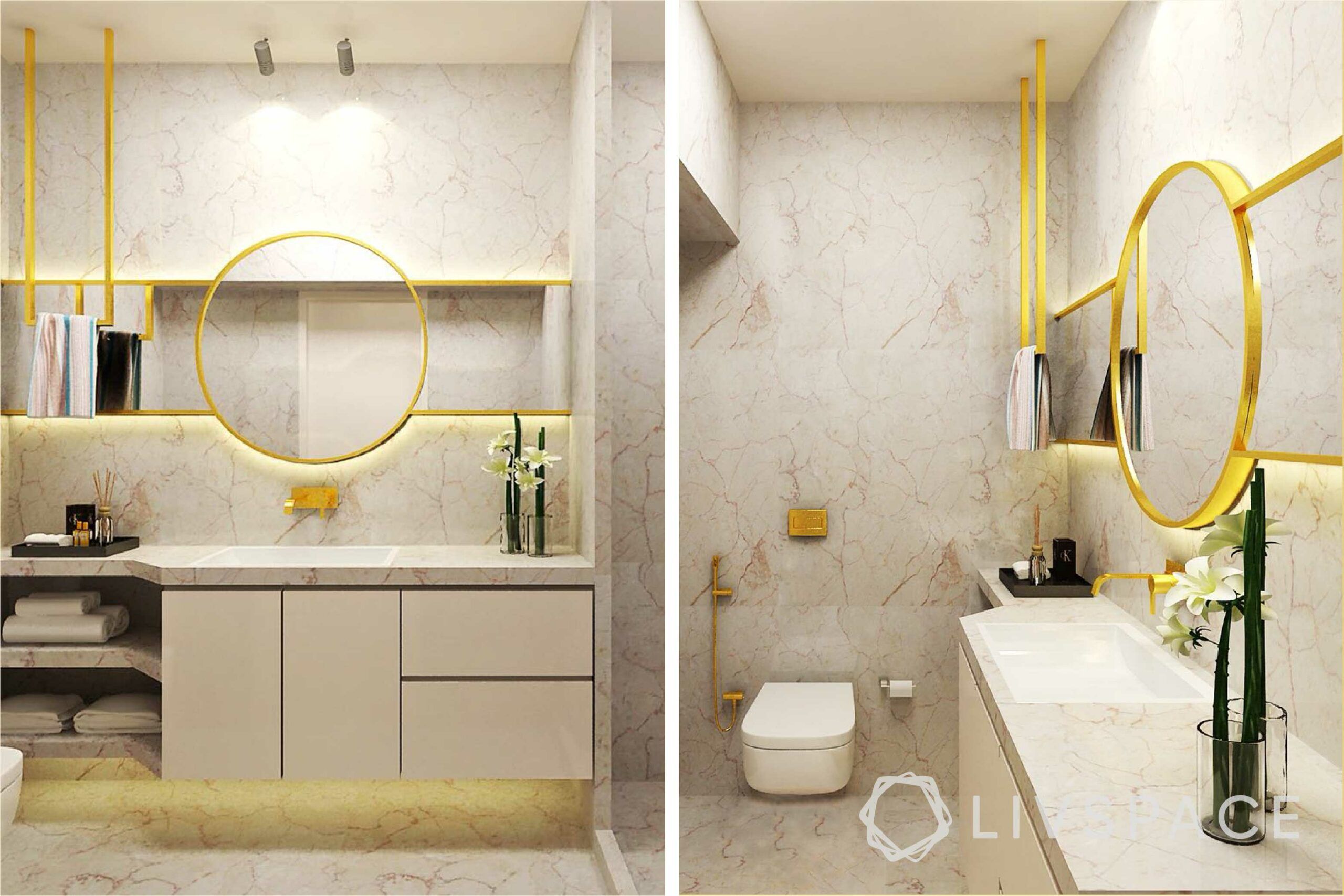 modern villa design-bathroom design-gold mirror-italian marble bathroom-bathroom designs