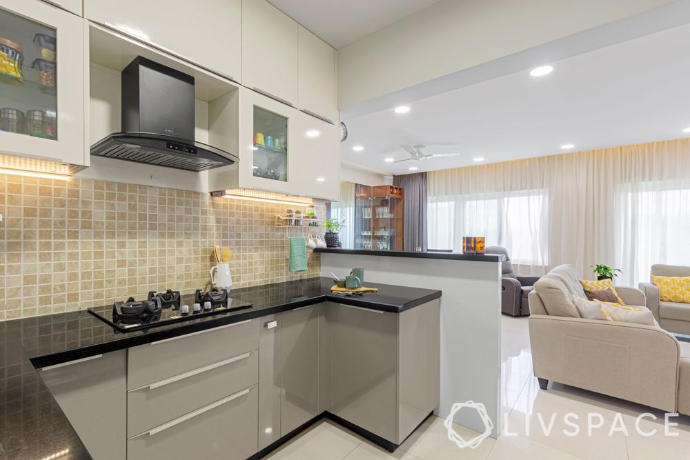 grey and white kitchen-open kitchen design-profile lighting