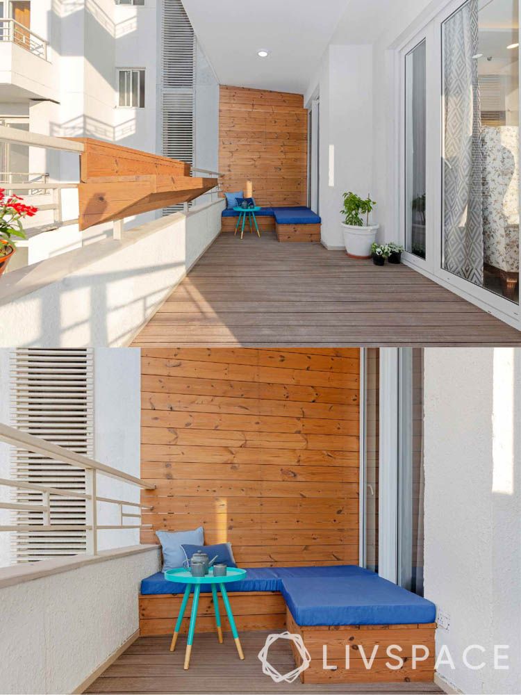 home balcony design-wooden panelling-minimal seating-coffee table