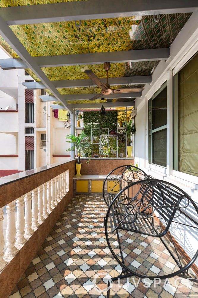 home balcony design-brown and white tiles-balcony tiles-seating