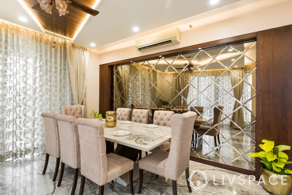 dining room-mirror panel-wooden false ceiling