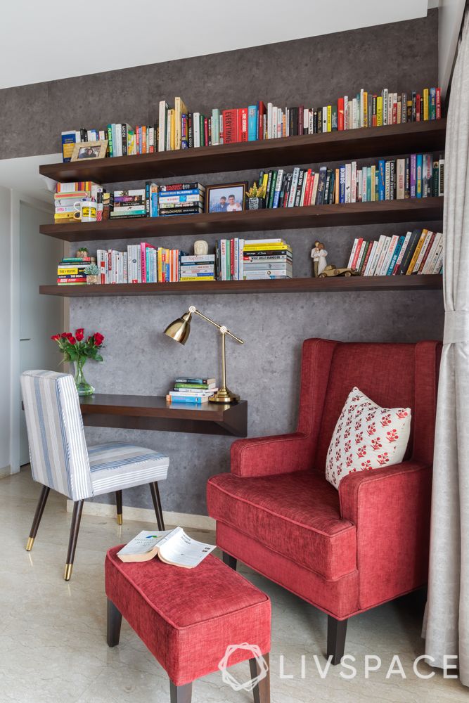 home office ideas-red arm chair-study table-book shelves-table lamp