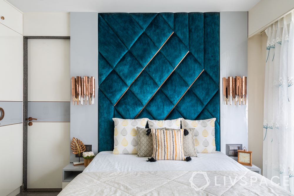 Master bedroom design , Blue pattern headboard and wall cladding behind  bedroom just look glamorous and luxurious! #masterbedroom…