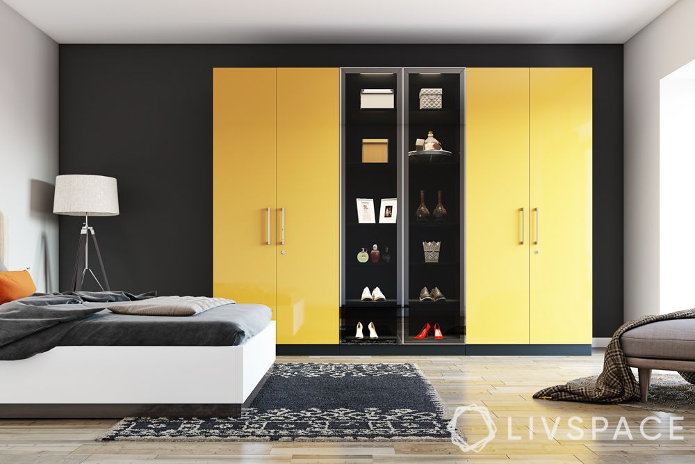 master bedroom design-yellow wardrobe-open cabinets-bed design-lamp