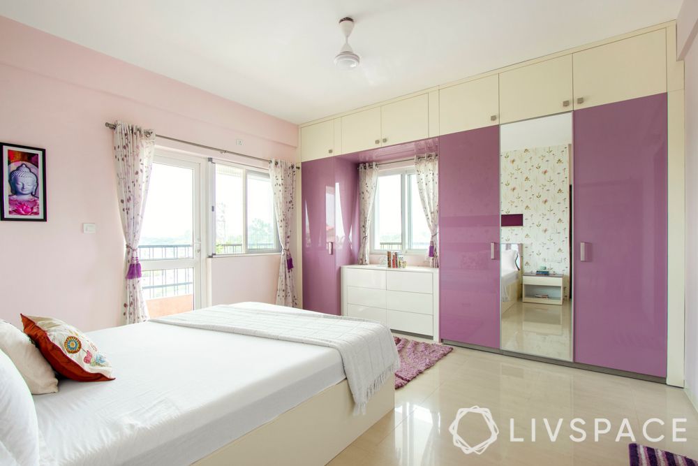 master bedroom design-pink wardrobes-white bed