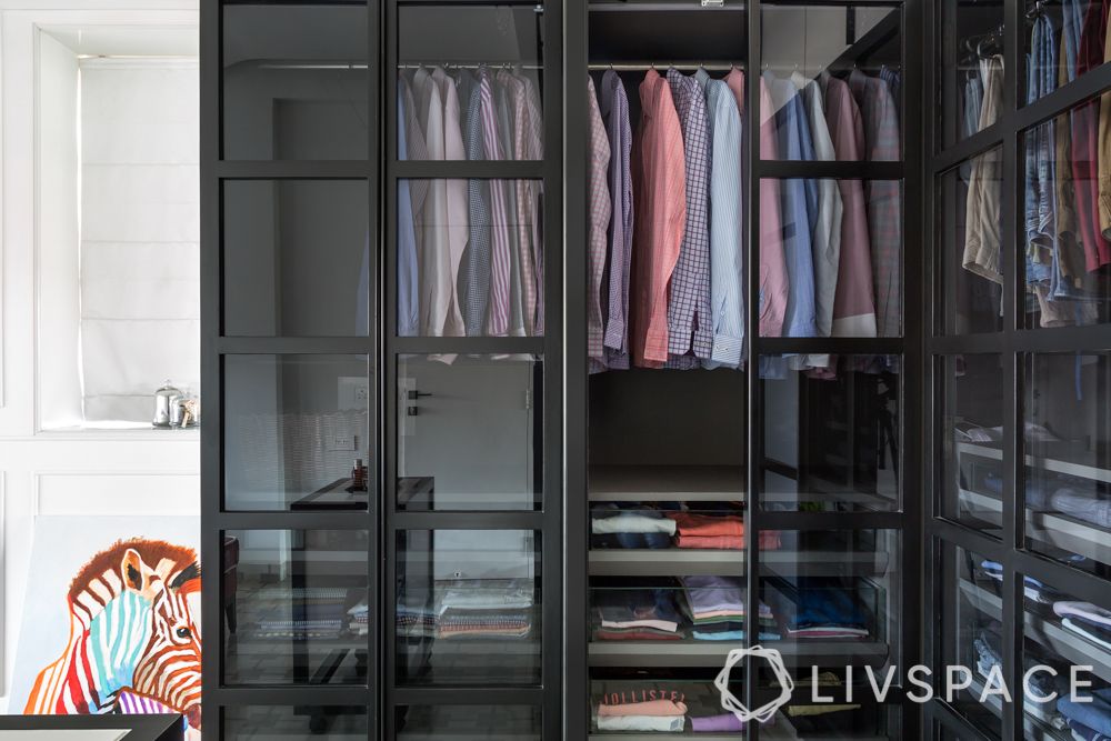 master bedroom design-glass wardrobe design-closet organisation