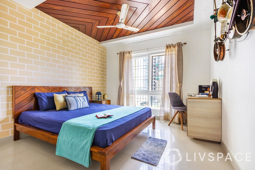 master bedroom design-wooden ceiling-wooden bed-study desk