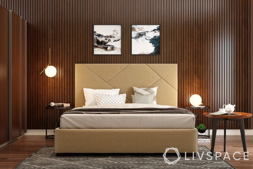 master bedroom design-lamps-lighting-wooden interiors-bed frame