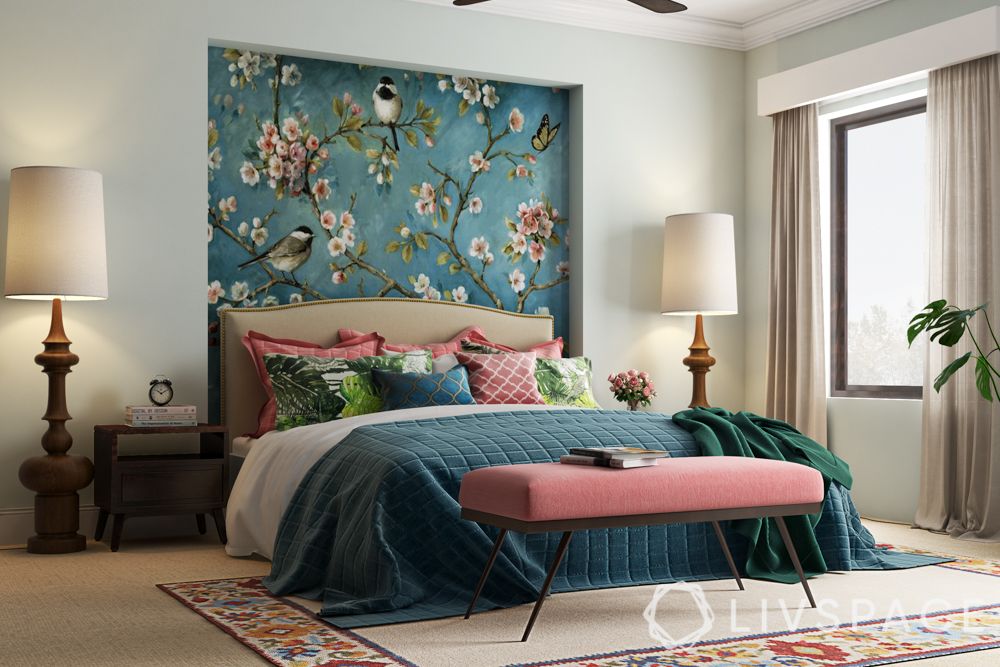 master bedroom design-green and pink theme-bench-floral wallpaper 