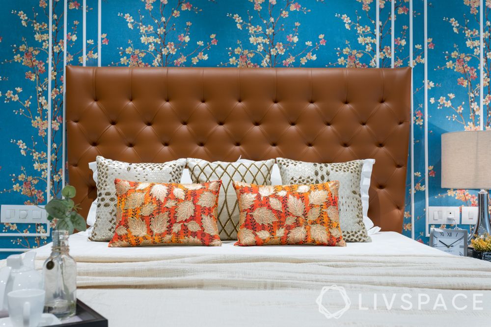 blue wallpaper designs-brown headboard designs