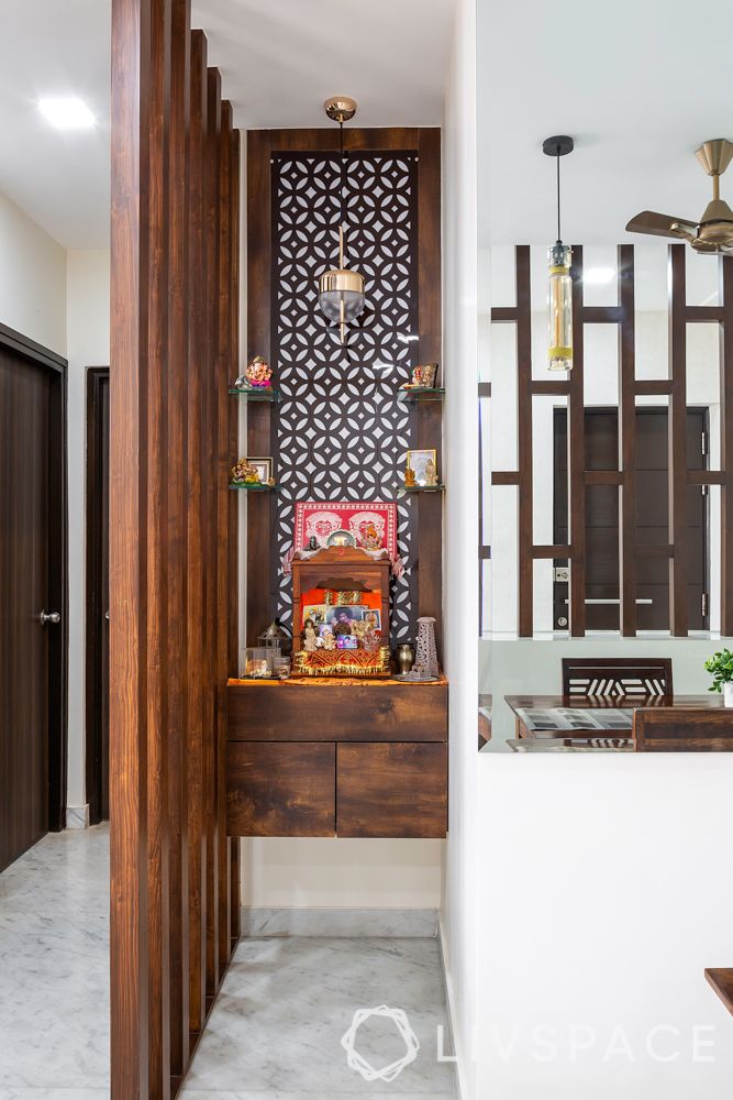 Pooja room designs in plywood-divider-jaali back panel