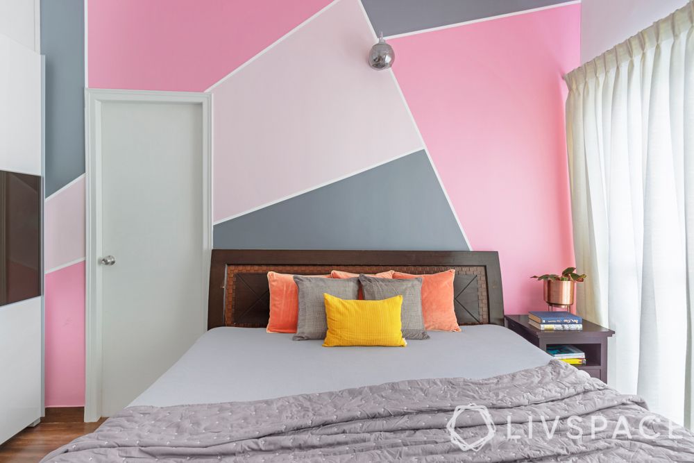 3 bhk flat design-pink wall ideas-wooden bed
