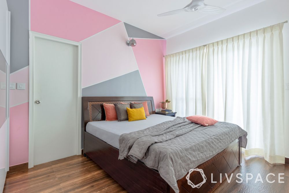3 bhk flat design-pink wall ideas-white curtains