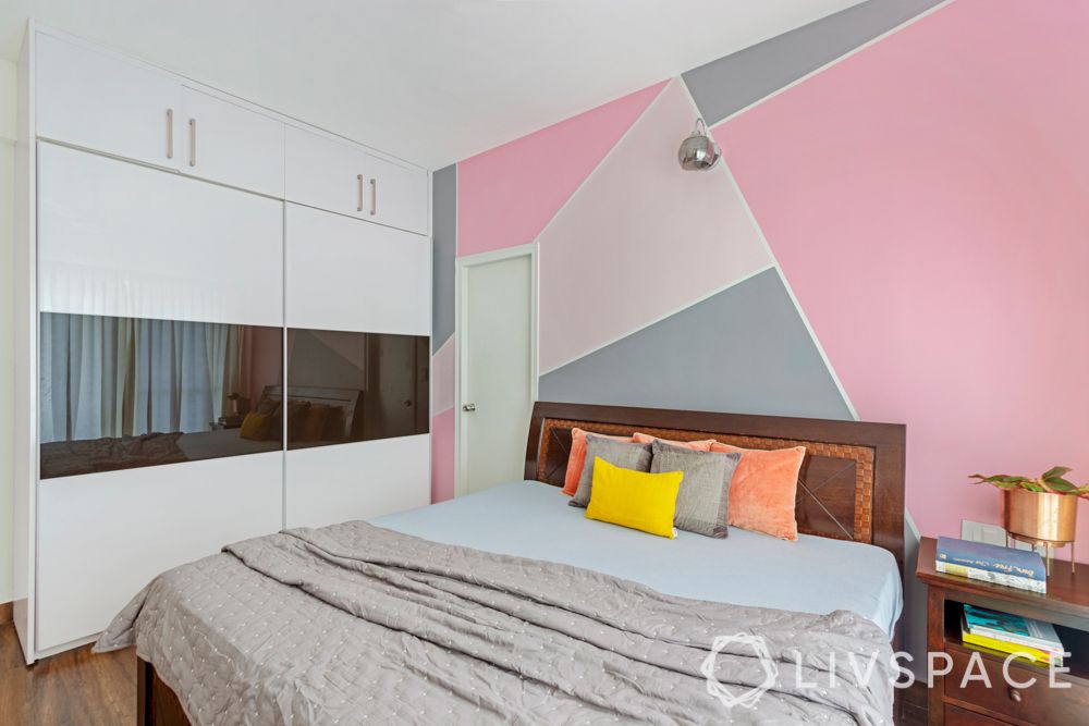 3 bhk flat design-pink wall ideas-white acrylic wardrobe