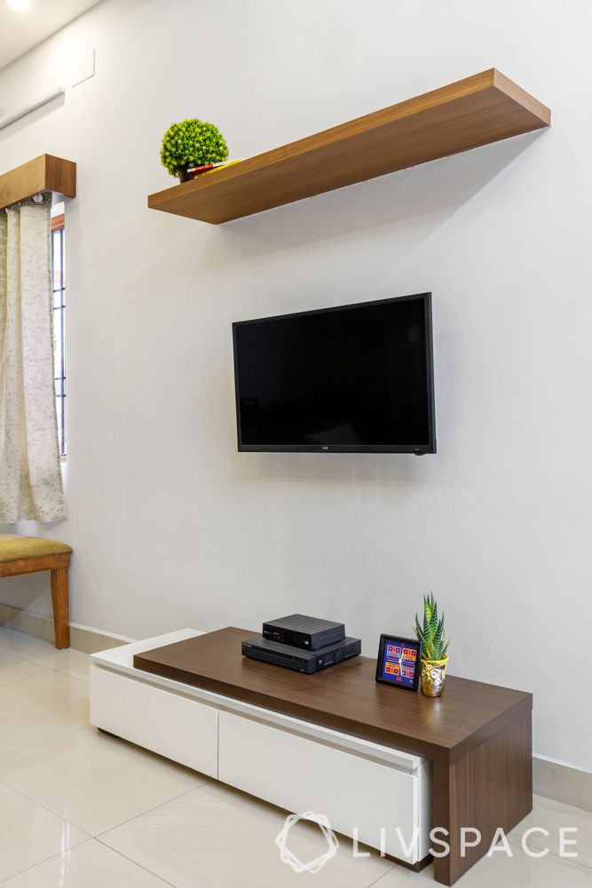 living room-white and wood tv unit-wooden display shelf