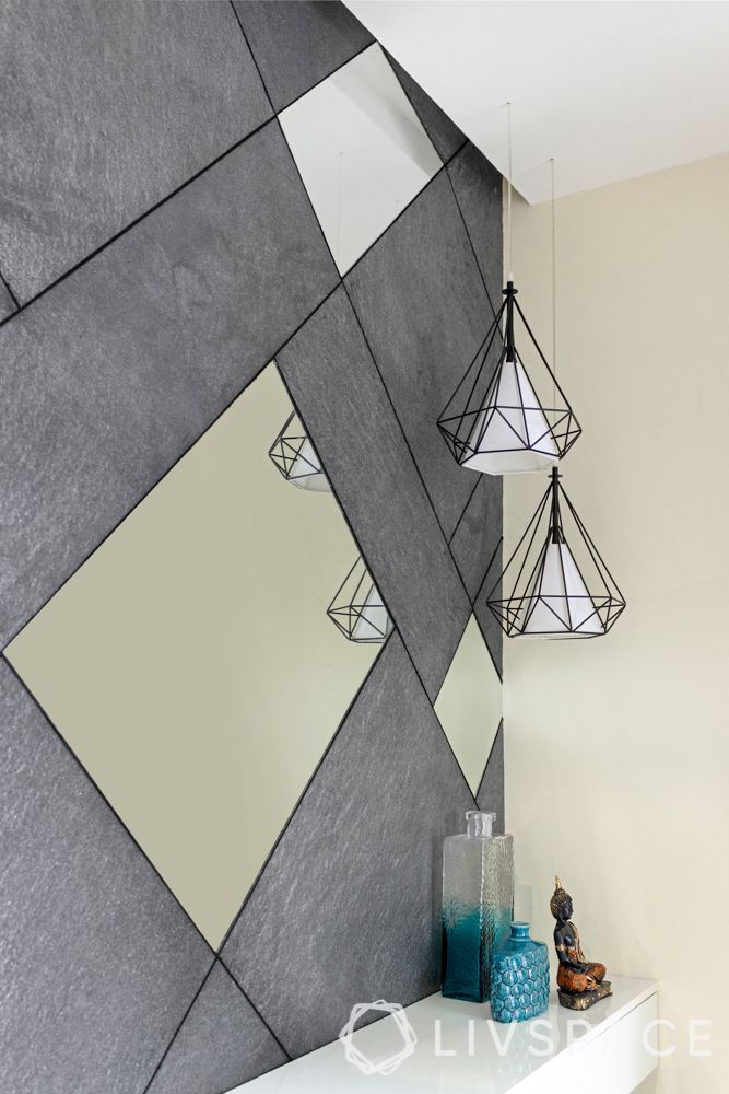 villa house design-stone finish wall-mirror wall-pendant lights-shoe cabinet