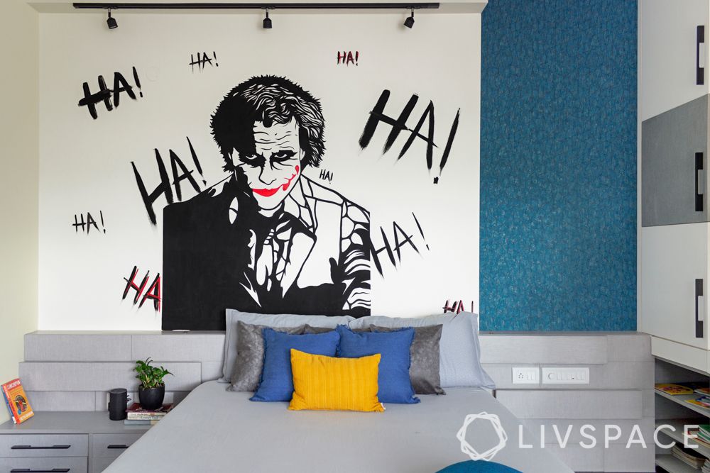 villa house design-joker wallpaper-blue wallpaper-grey bedroom-floor bed