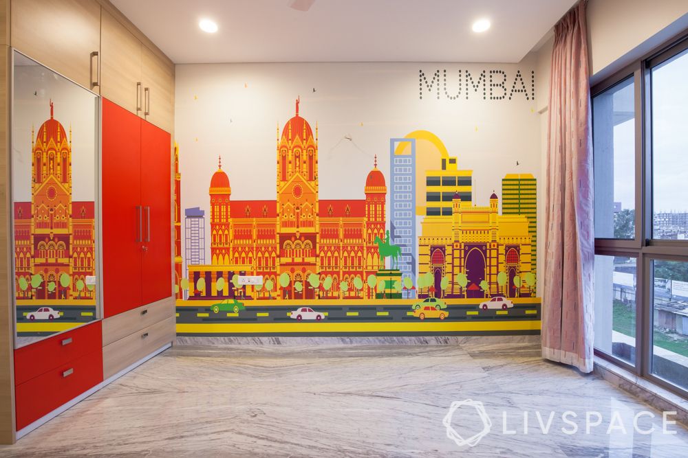 Kids bedroom design-mumbai skyline wallpaper