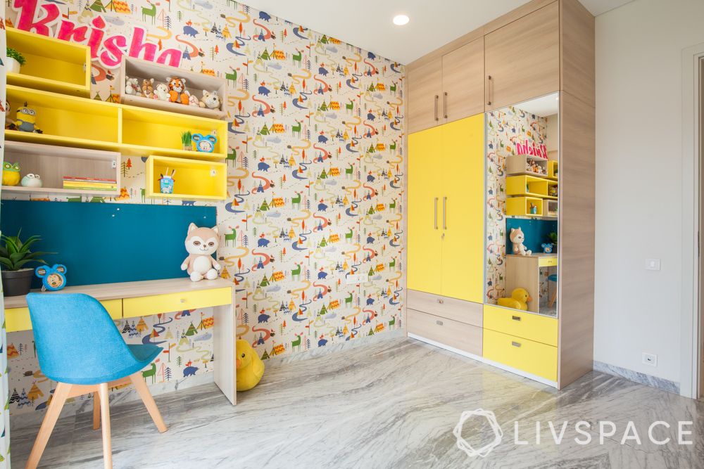 Kids bedroom design-yellow study unit-wardrobe