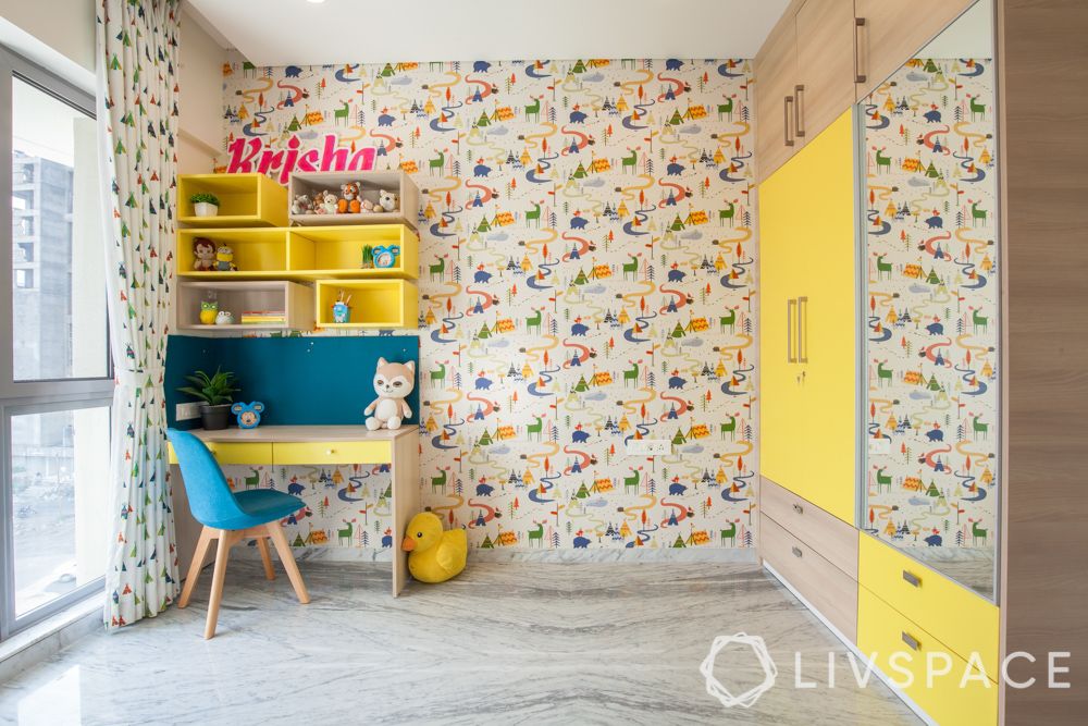 Kids bedroom design-yellow study unit-wardrobe